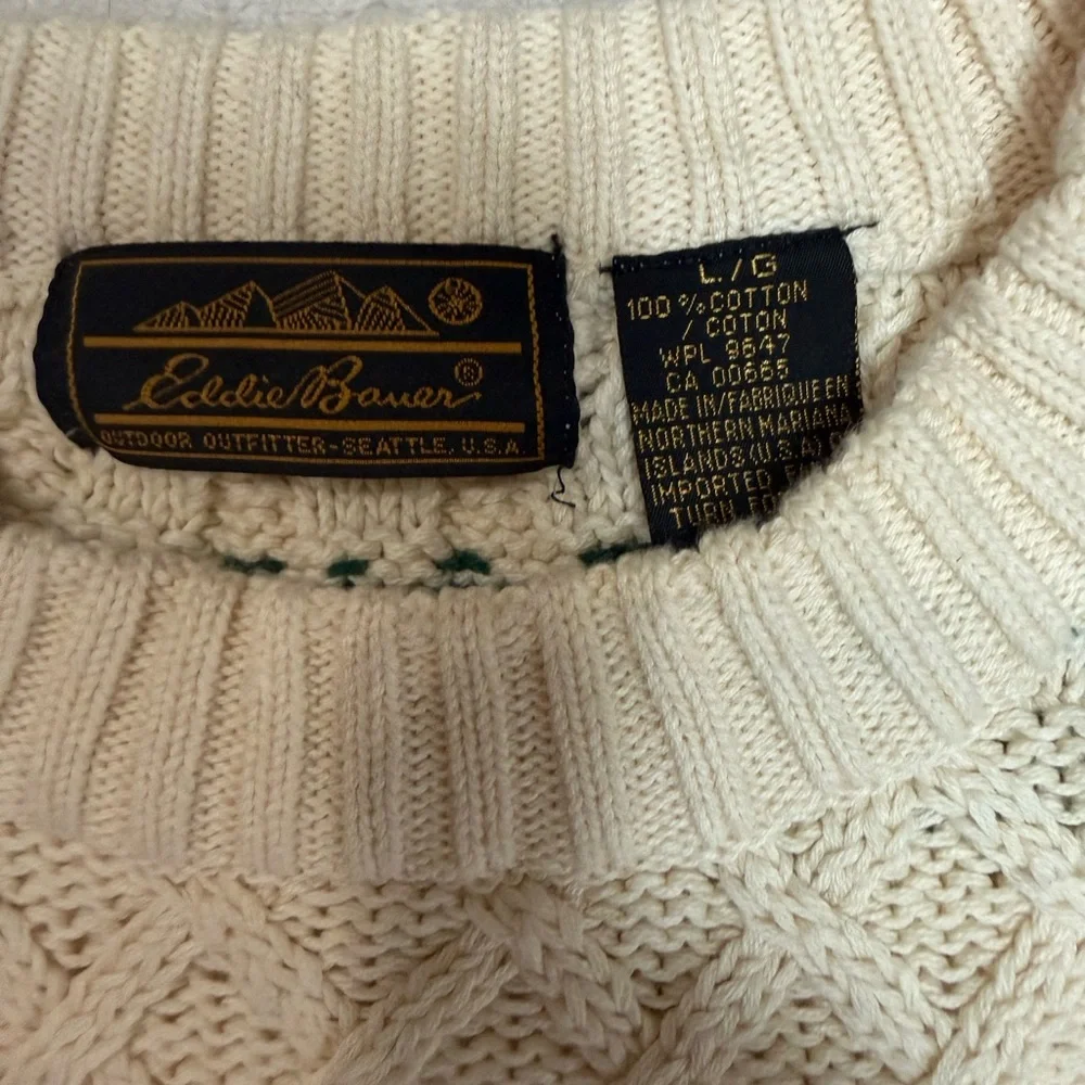 Vintage Eddie Bauer Nordic Fair Isle Sweater‎ Mens L XL Cream Cotton Fisherman - Picture 3 of 6